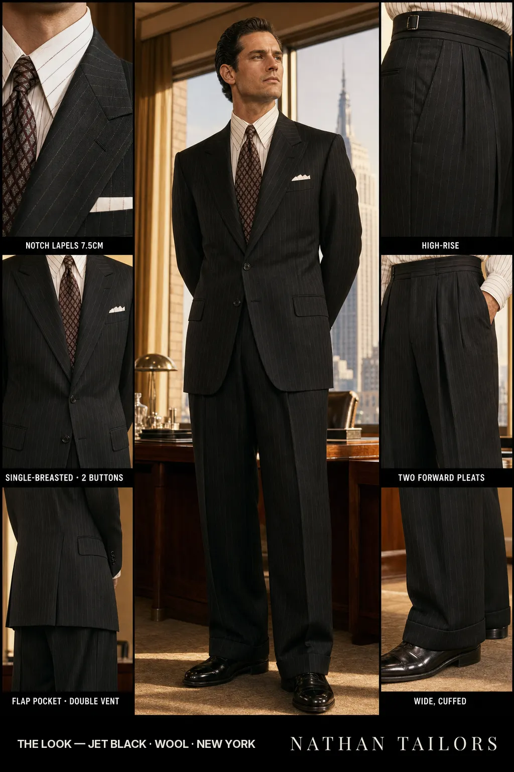 jet black pinstripe single-breasted notch-lapel bespoke suit โ AI-rendered by Nathan Tailors, the Hoi An custom tailor. Available as a custom tailored suit from $169.
