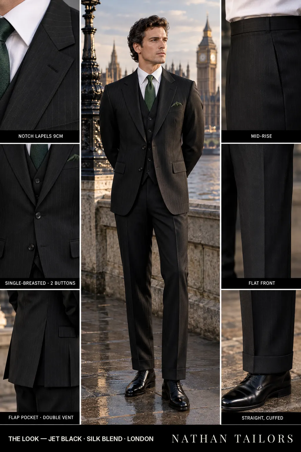 jet black pinstripe single-breasted bespoke suit โ custom tailored by Nathan Tailors, the Hoi An custom tailor