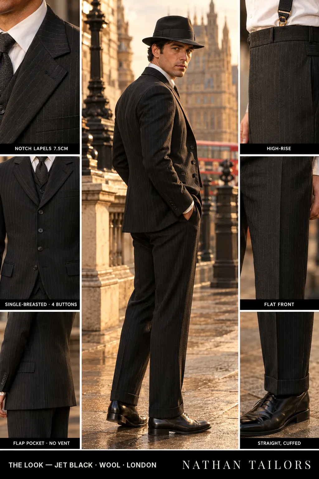 jet black pinstripe single-breasted bespoke suit โ custom tailored by Nathan Tailors, the Hoi An custom tailor