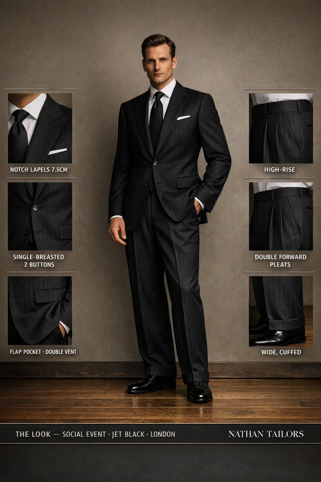 jet black pinstripe single-breasted notch-lapel bespoke suit โ AI-rendered by Nathan Tailors, the Hoi An custom tailor. Available as a custom tailored suit from $149.