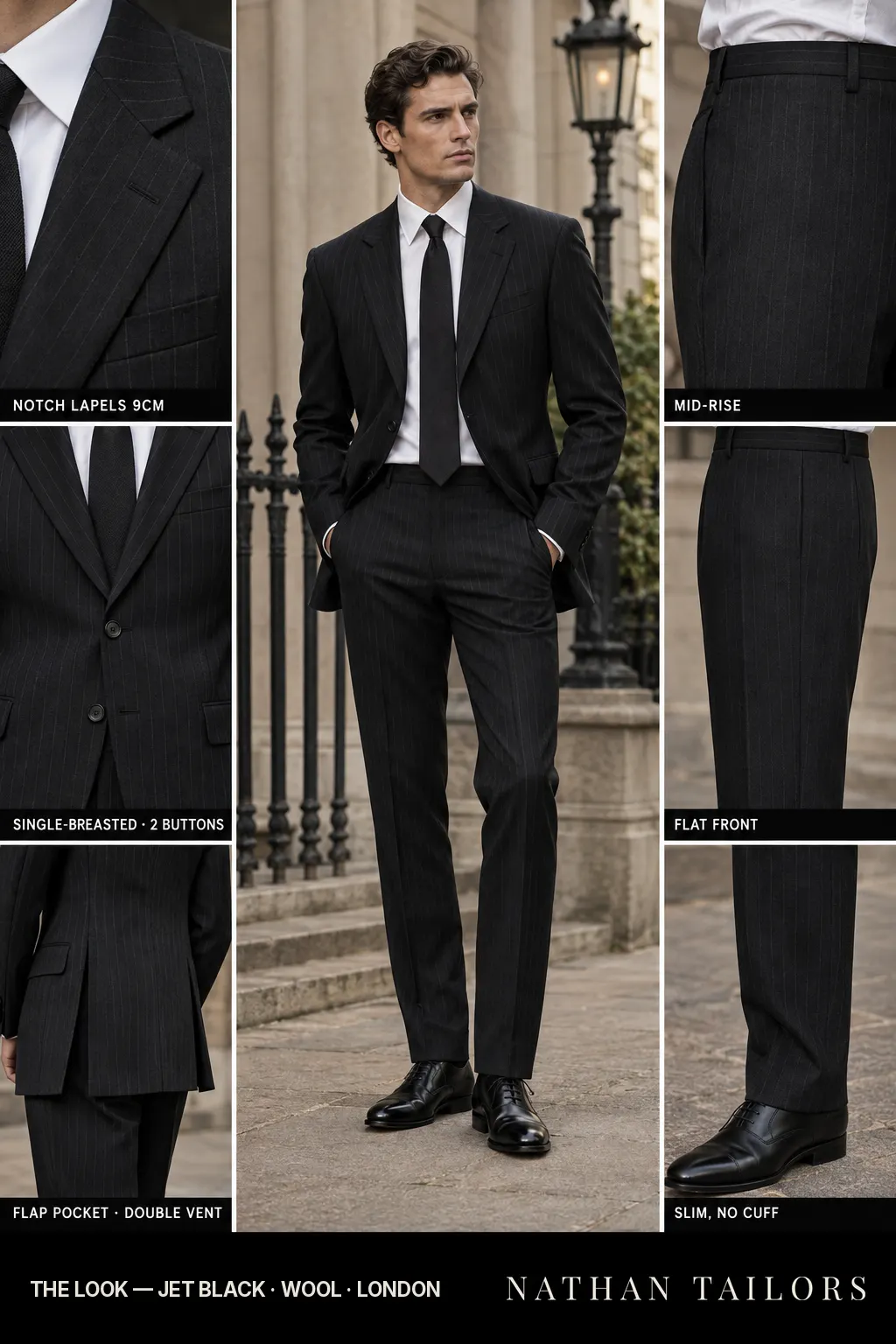 jet black pinstripe single-breasted bespoke suit โ custom tailored by Nathan Tailors, the Hoi An custom tailor