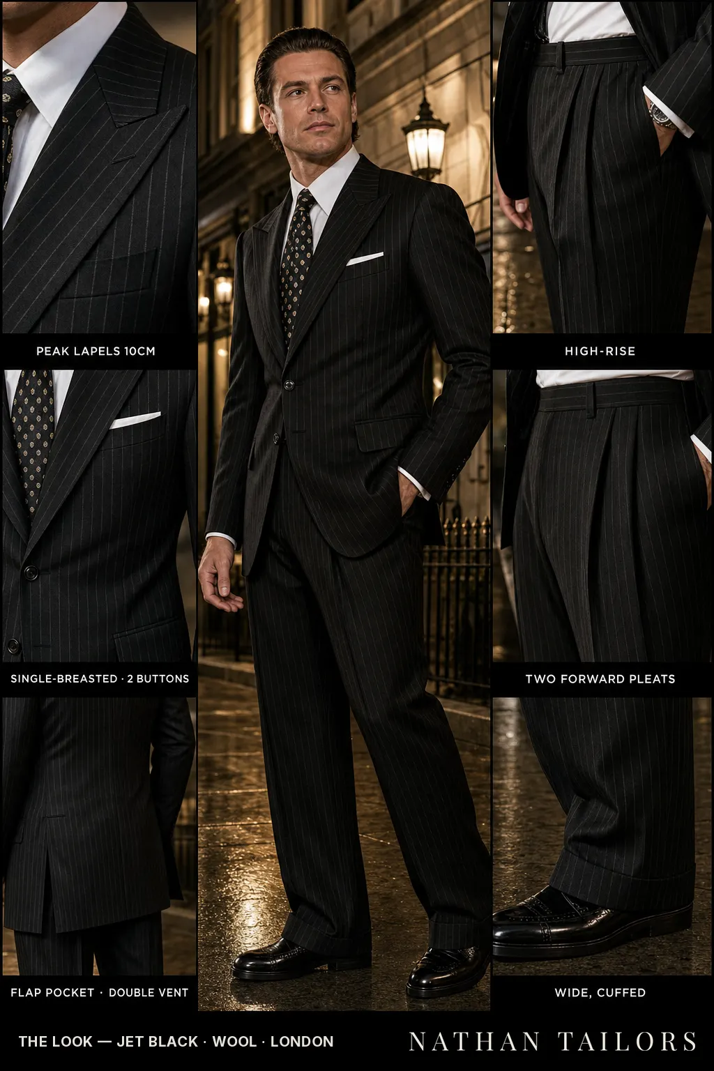 jet black pinstripe single-breasted peak-lapel bespoke suit — AI-rendered by Nathan Tailors, the Hoi An custom tailor. Available as a custom tailored suit from $149.