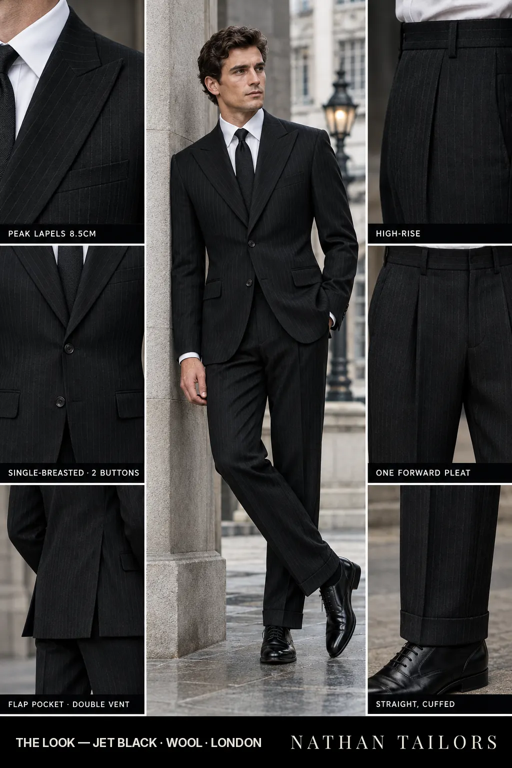 jet black pinstripe single-breasted peak-lapel bespoke suit — AI-rendered by Nathan Tailors, the Hoi An custom tailor. Available as a custom tailored suit from $169.