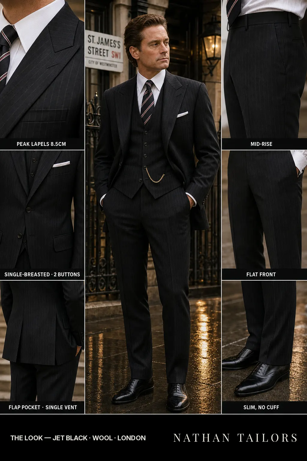 jet black pinstripe single-breasted peak-lapel bespoke suit — AI-rendered by Nathan Tailors, the Hoi An custom tailor. Available as a custom tailored suit from $149.