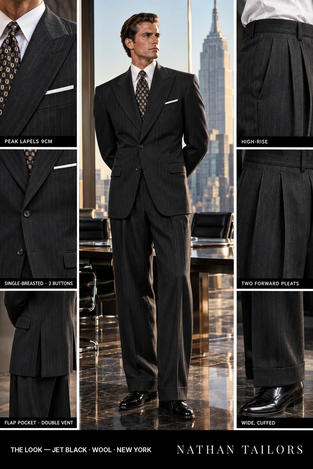 jet black pinstripe single-breasted bespoke suit — custom tailored by Nathan Tailors, the Hoi An custom tailor