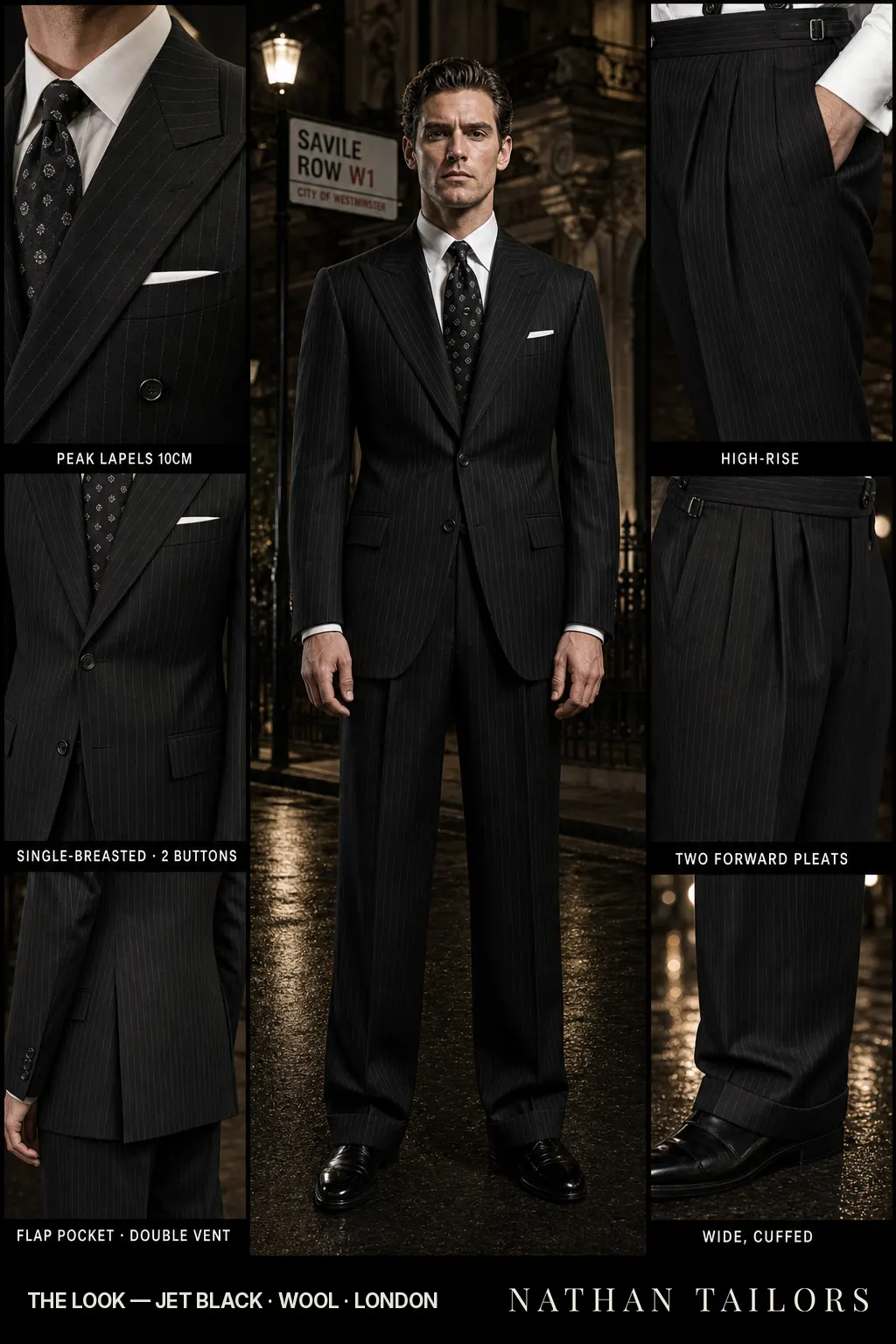 jet black pinstripe single-breasted peak-lapel bespoke suit — AI-rendered by Nathan Tailors, the Hoi An custom tailor. Available as a custom tailored suit from $149.