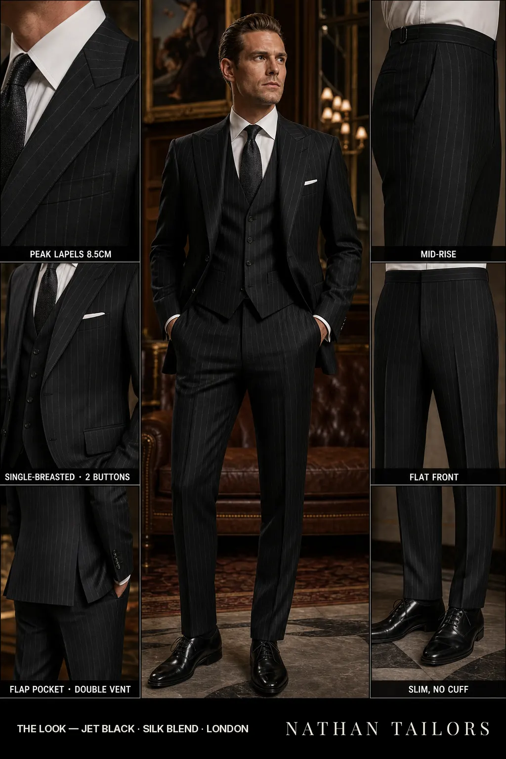 jet black pinstripe single-breasted bespoke suit โ custom tailored by Nathan Tailors, the Hoi An custom tailor