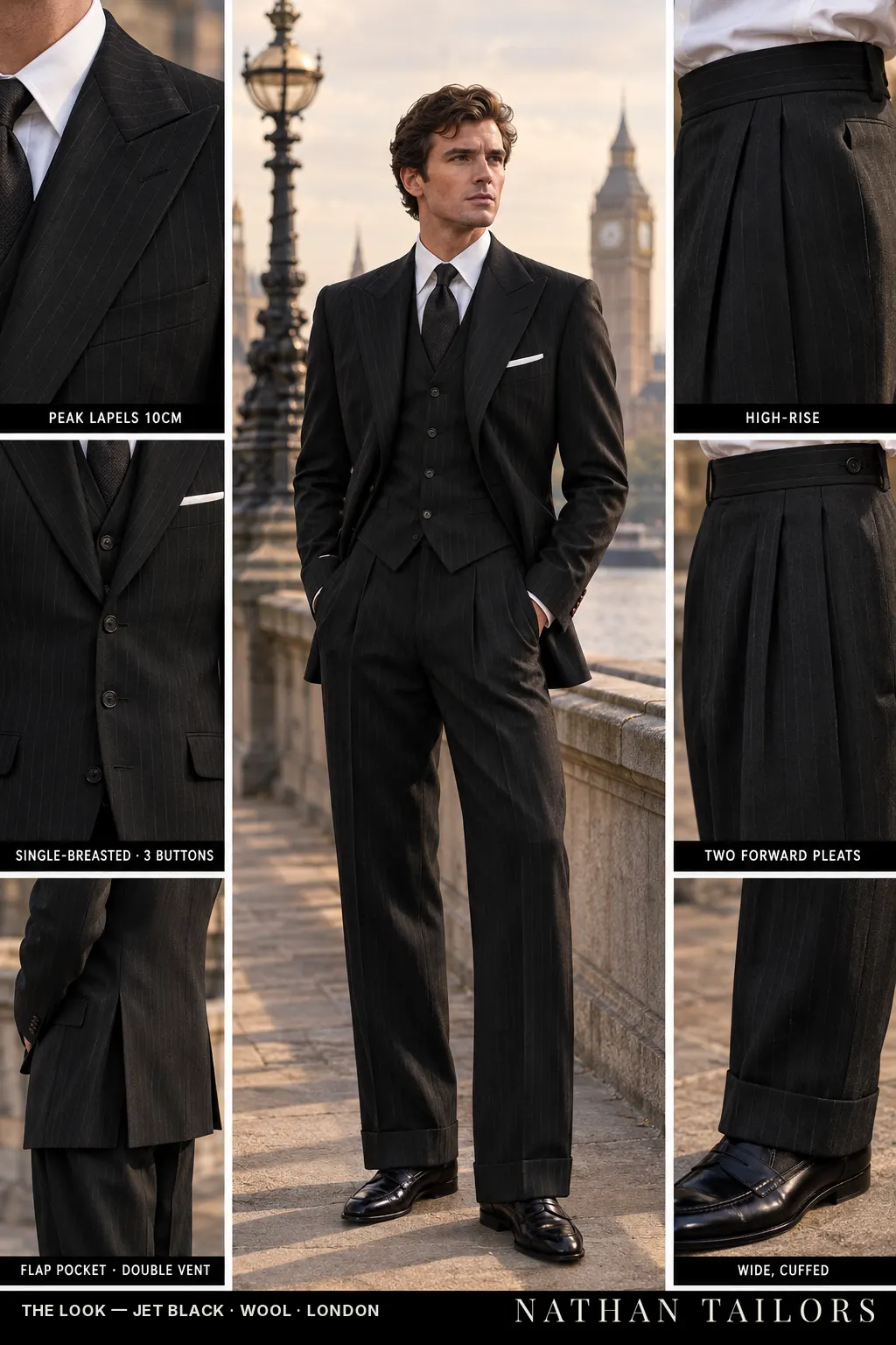 jet black pinstripe single-breasted bespoke suit — custom tailored by Nathan Tailors, the Hoi An custom tailor