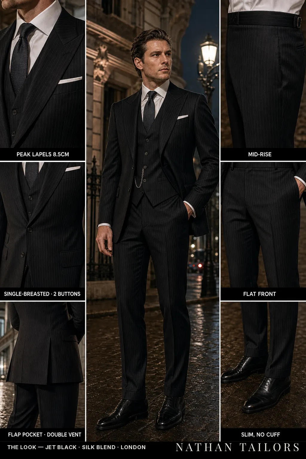 jet black pinstripe single-breasted bespoke suit โ custom tailored by Nathan Tailors, the Hoi An custom tailor