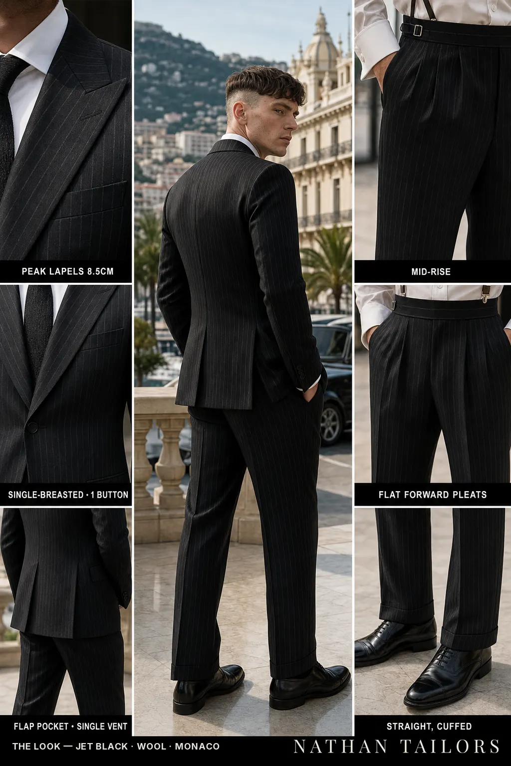 jet black pinstripe single-breasted peak-lapel bespoke suit — AI-rendered by Nathan Tailors, the Hoi An custom tailor. Available as a custom tailored suit from $149.