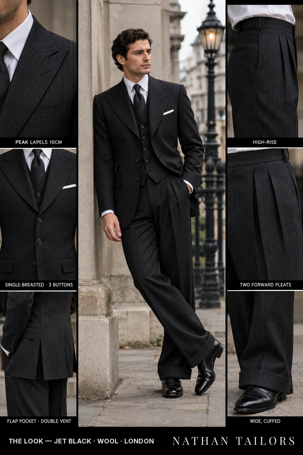 jet black pinstripe single-breasted bespoke suit — custom tailored by Nathan Tailors, the Hoi An custom tailor