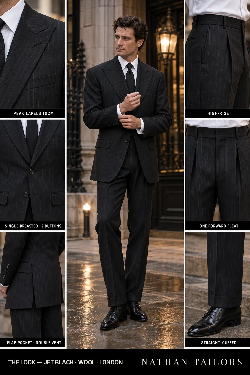 jet black pinstripe single-breasted bespoke suit — custom tailored by Nathan Tailors, the Hoi An custom tailor