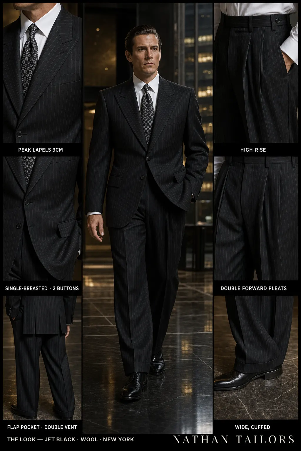 jet black pinstripe single-breasted peak-lapel bespoke suit — AI-rendered by Nathan Tailors, the Hoi An custom tailor. Available as a custom tailored suit from $149.