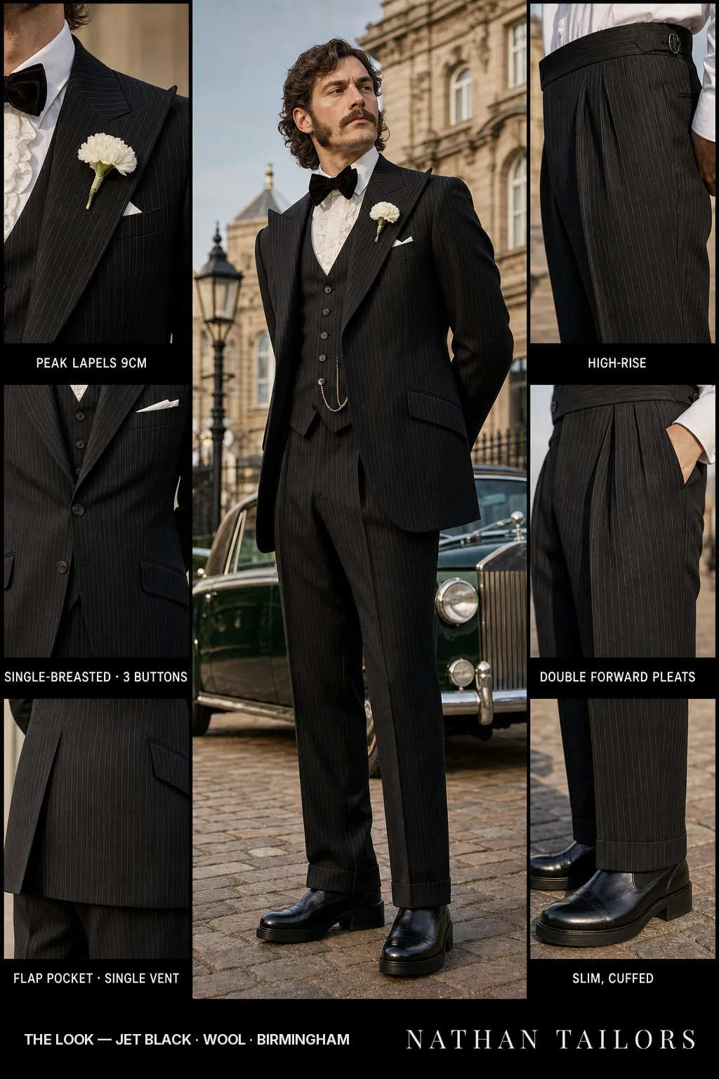 jet black pinstripe single-breasted peak-lapel bespoke suit — AI-rendered by Nathan Tailors, the Hoi An custom tailor. Available as a custom tailored suit from $149.