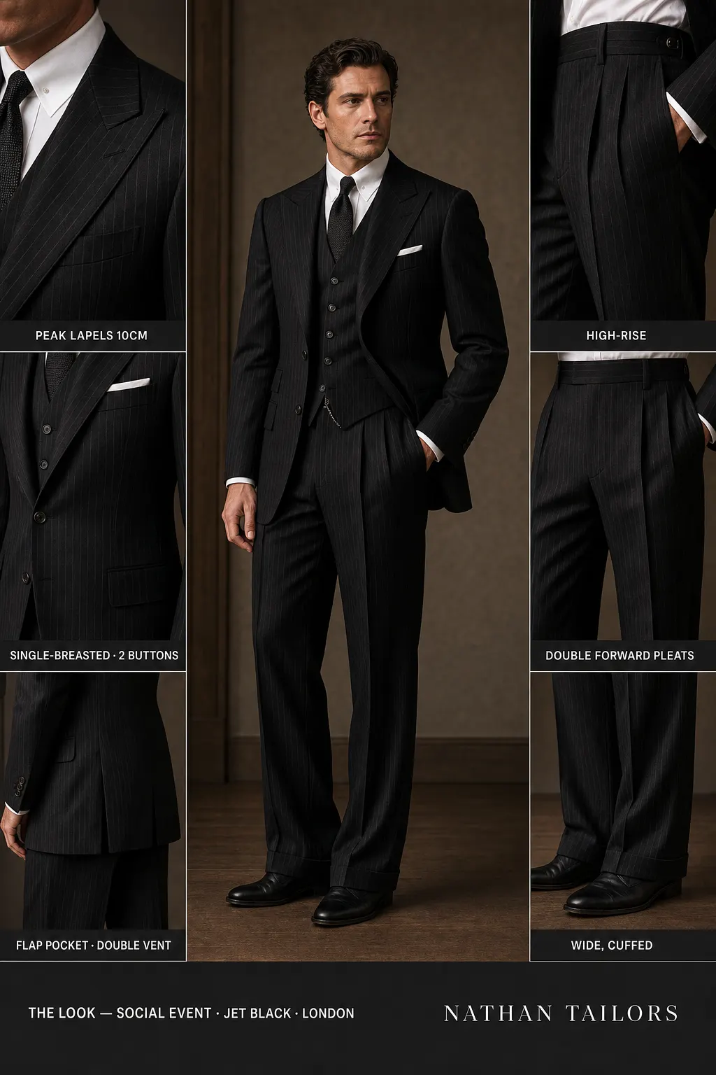 jet black pinstripe single-breasted peak-lapel bespoke suit — AI-rendered by Nathan Tailors, the Hoi An custom tailor. Available as a custom tailored suit from $149.
