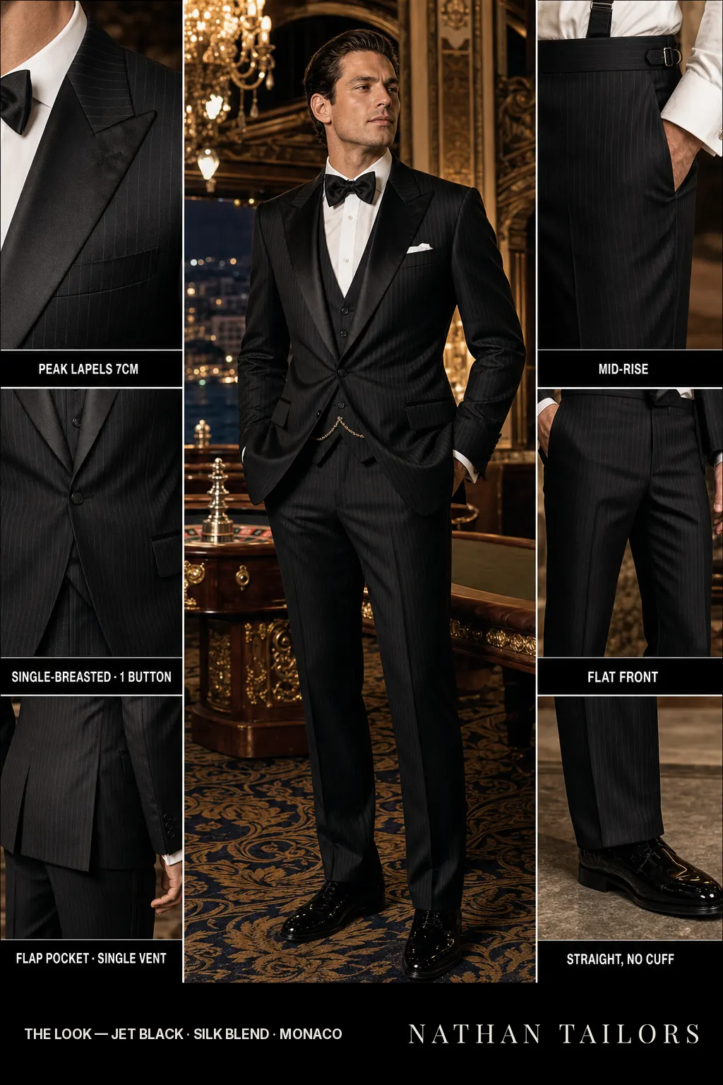 jet black pinstripe single-breasted peak-lapel bespoke suit โ AI-rendered by Nathan Tailors, the Hoi An custom tailor. Available as a custom tailored suit from $149.