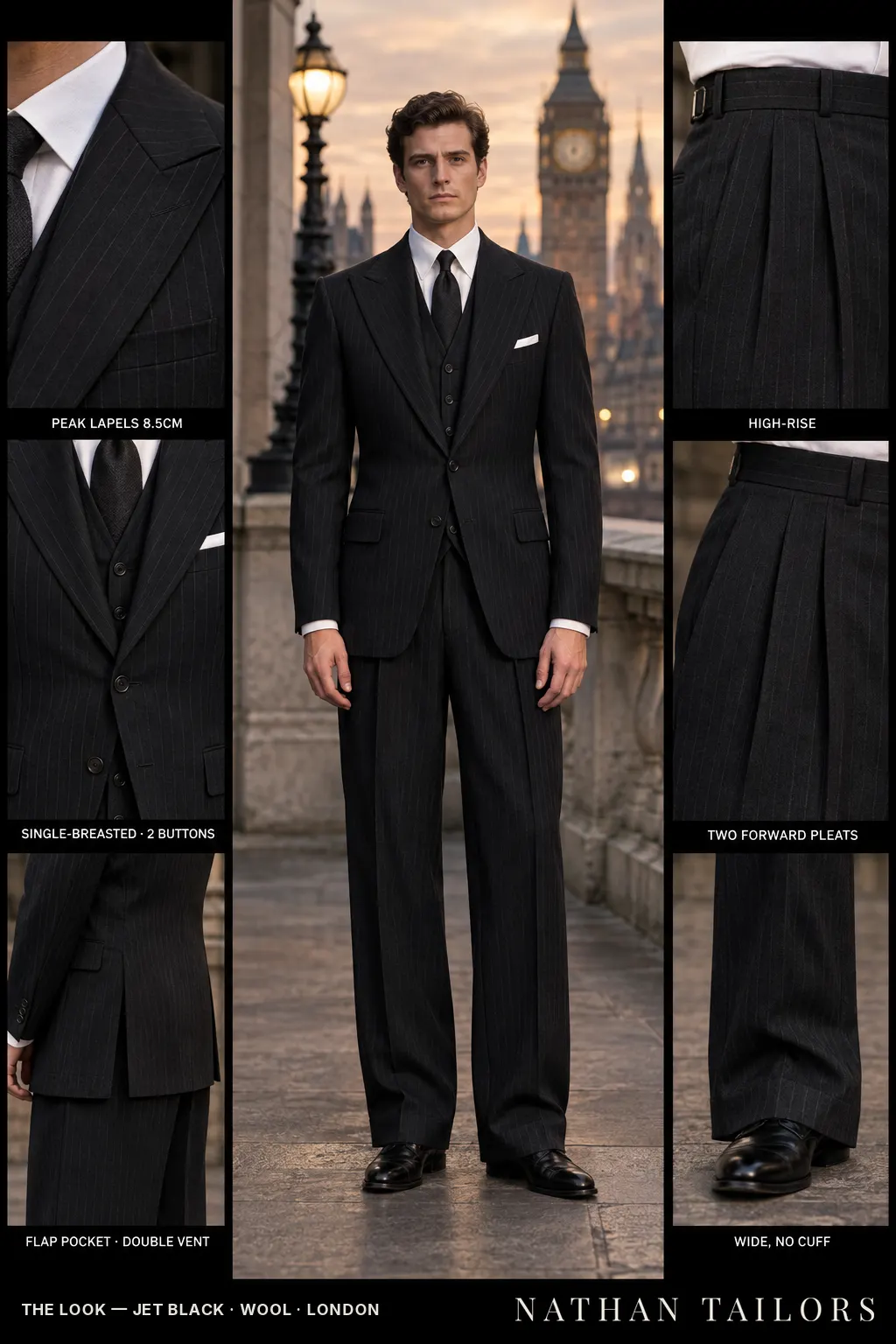 jet black pinstripe single-breasted bespoke suit โ custom tailored by Nathan Tailors, the Hoi An custom tailor