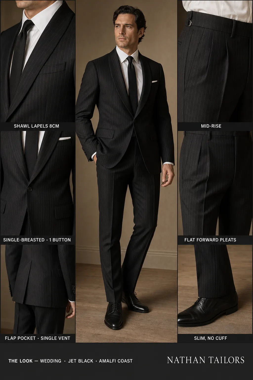 jet black pinstripe single-breasted shawl-lapel bespoke suit — AI-rendered by Nathan Tailors, the Hoi An custom tailor. Available as a custom tailored suit from $149.