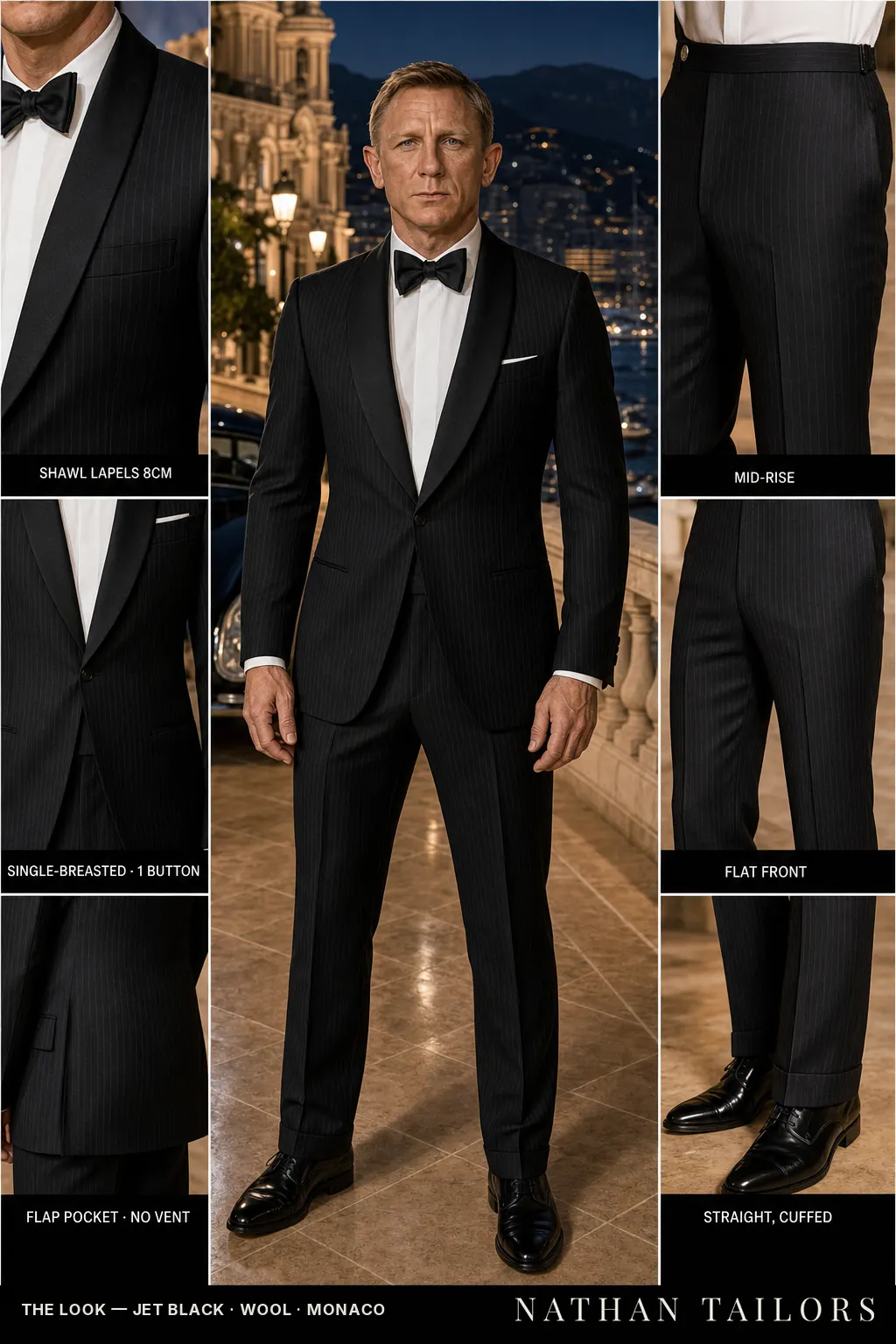 jet black pinstripe single-breasted shawl-lapel bespoke suit — AI-rendered by Nathan Tailors, the Hoi An custom tailor. Available as a custom tailored suit from $169.