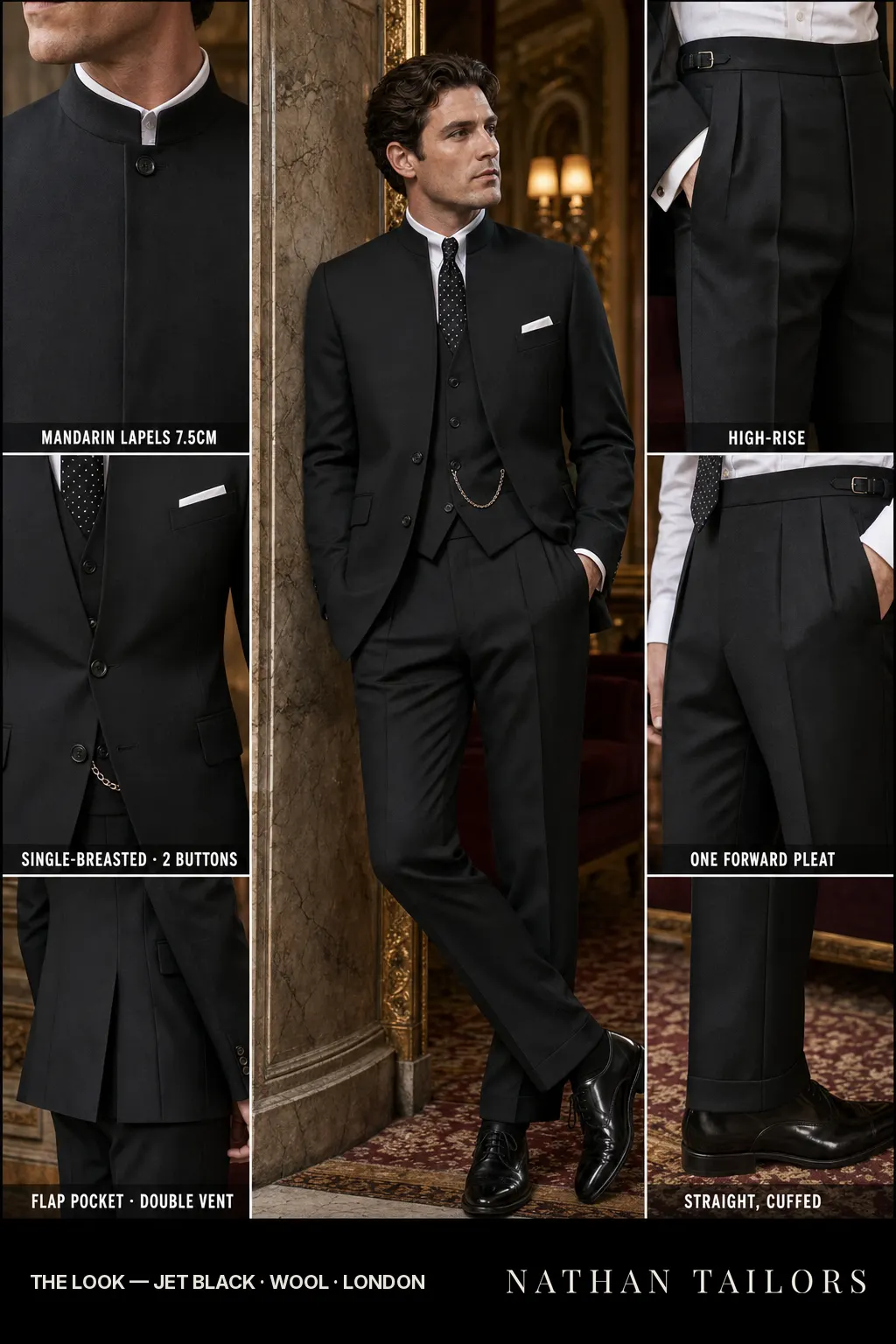 jet black single-breasted mandarin-lapel bespoke suit โ AI-rendered by Nathan Tailors, the Hoi An custom tailor. Available as a custom tailored suit from $149.