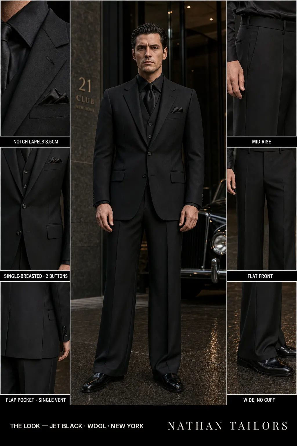 jet black single-breasted notch-lapel bespoke suit — AI-rendered by Nathan Tailors, the Hoi An custom tailor. Available as a custom tailored suit from $149.