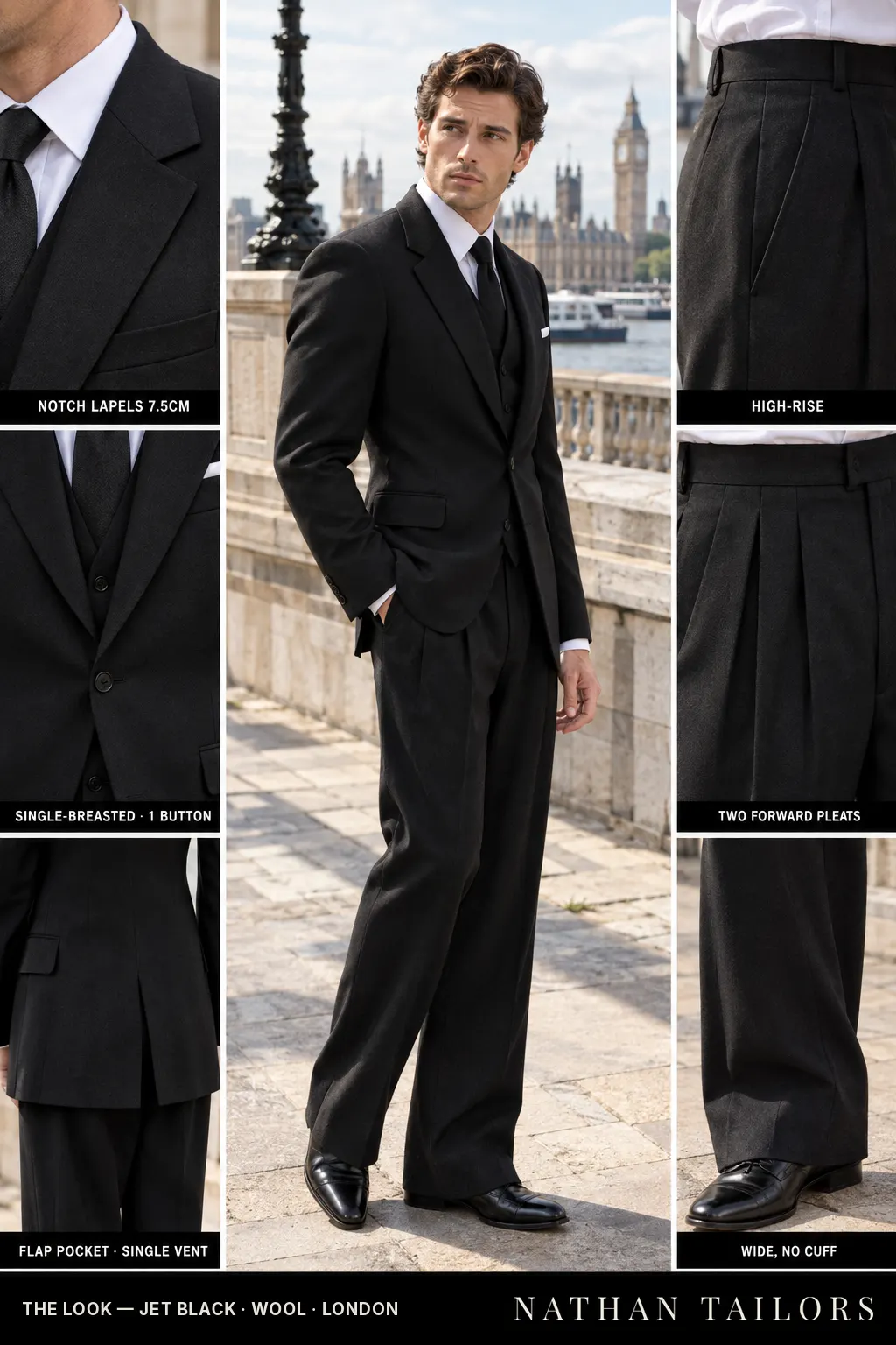 jet black single-breasted bespoke suit โ custom tailored by Nathan Tailors, the Hoi An custom tailor