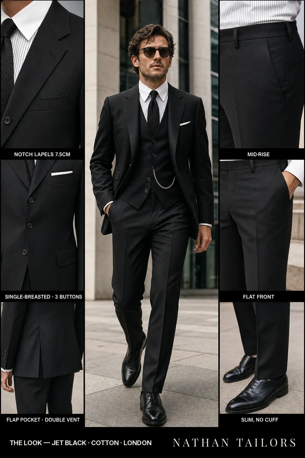 jet black single-breasted notch-lapel bespoke suit โ AI-rendered by Nathan Tailors, the Hoi An custom tailor. Available as a custom tailored suit from $149.