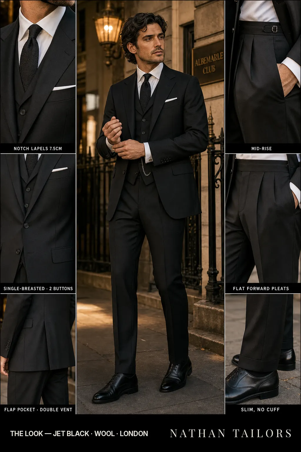 jet black single-breasted notch-lapel bespoke suit — AI-rendered by Nathan Tailors, the Hoi An custom tailor. Available as a custom tailored suit from $149.