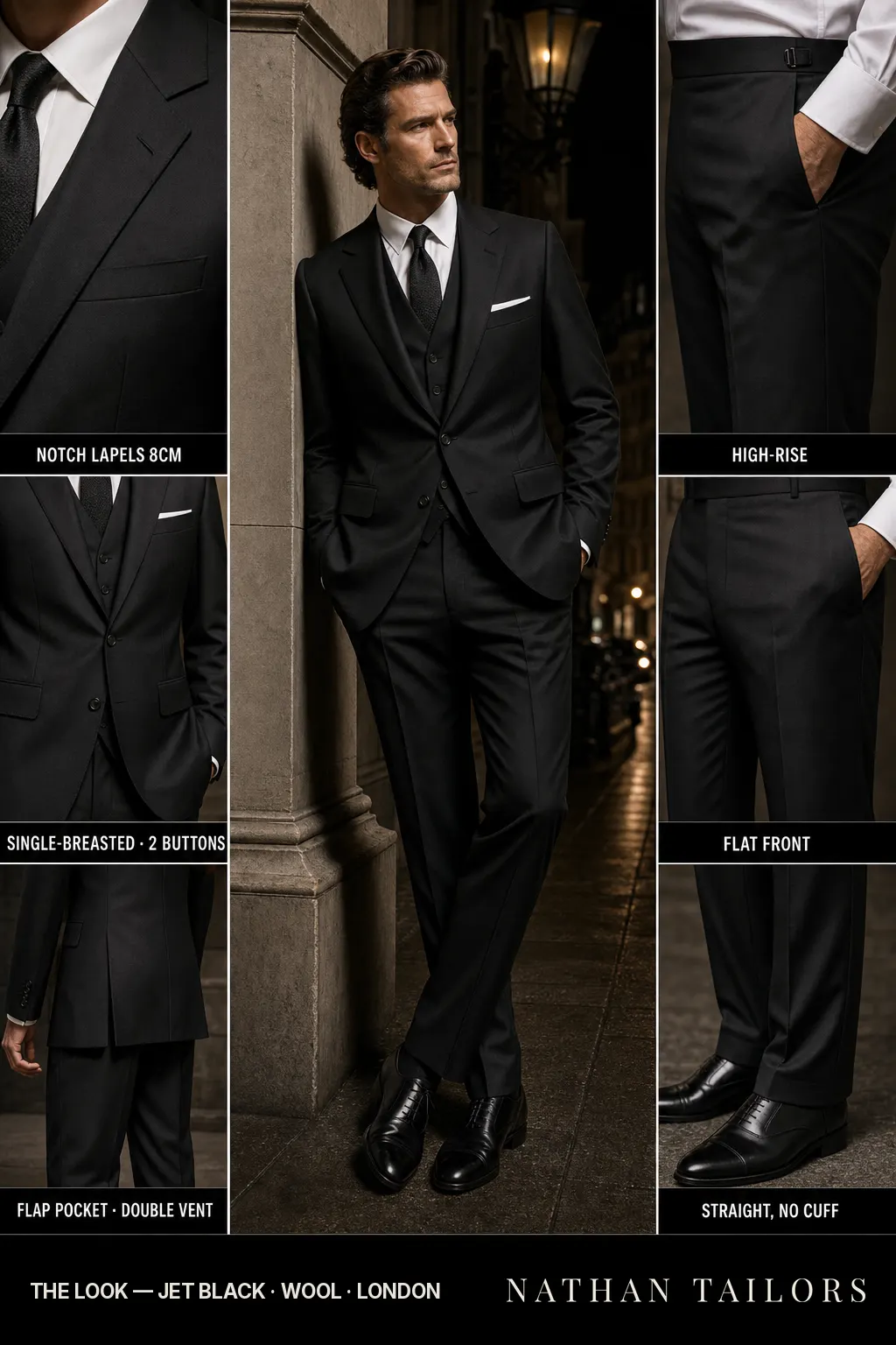 jet black single-breasted notch-lapel bespoke suit — AI-rendered by Nathan Tailors, the Hoi An custom tailor. Available as a custom tailored suit from $169.