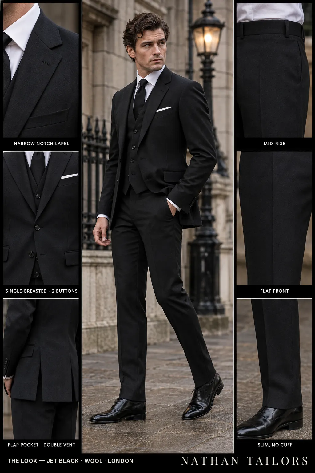 jet black single-breasted bespoke suit โ custom tailored by Nathan Tailors, the Hoi An custom tailor