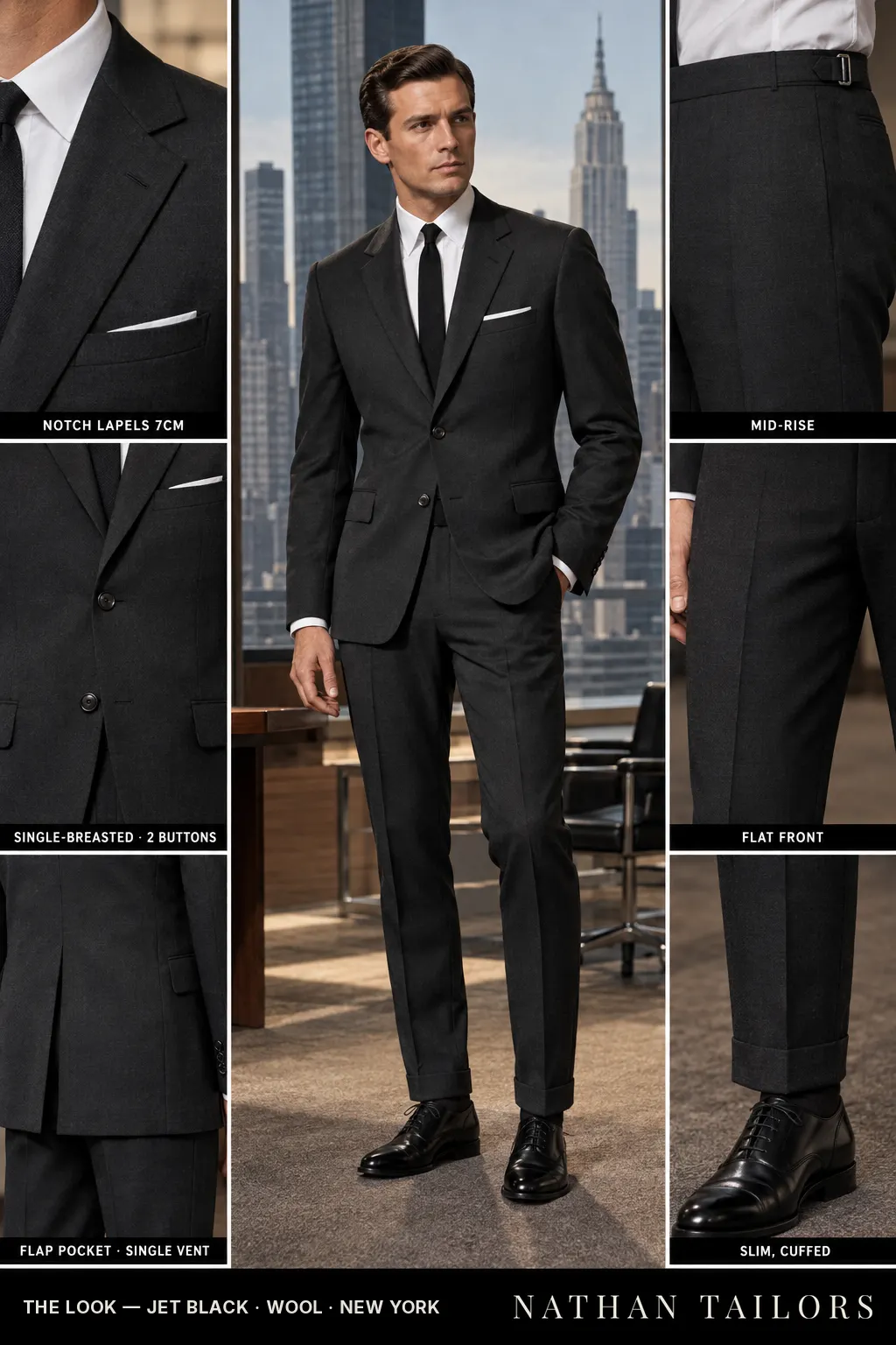 jet black single-breasted notch-lapel bespoke suit โ AI-rendered by Nathan Tailors, the Hoi An custom tailor. Available as a custom tailored suit from $169.