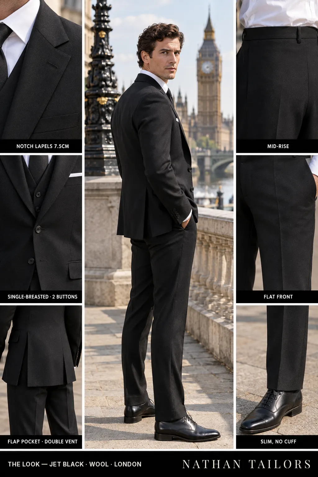 jet black single-breasted notch-lapel bespoke suit — AI-rendered by Nathan Tailors, the Hoi An custom tailor. Available as a custom tailored suit from $149.