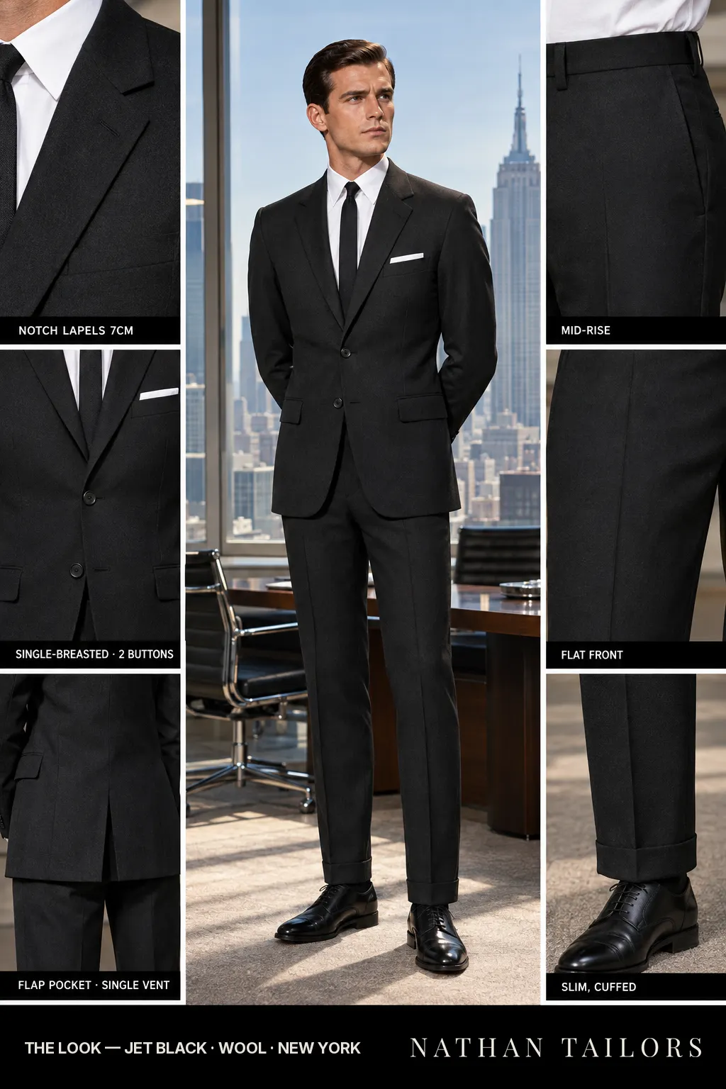 jet black single-breasted bespoke suit โ custom tailored by Nathan Tailors, the Hoi An custom tailor