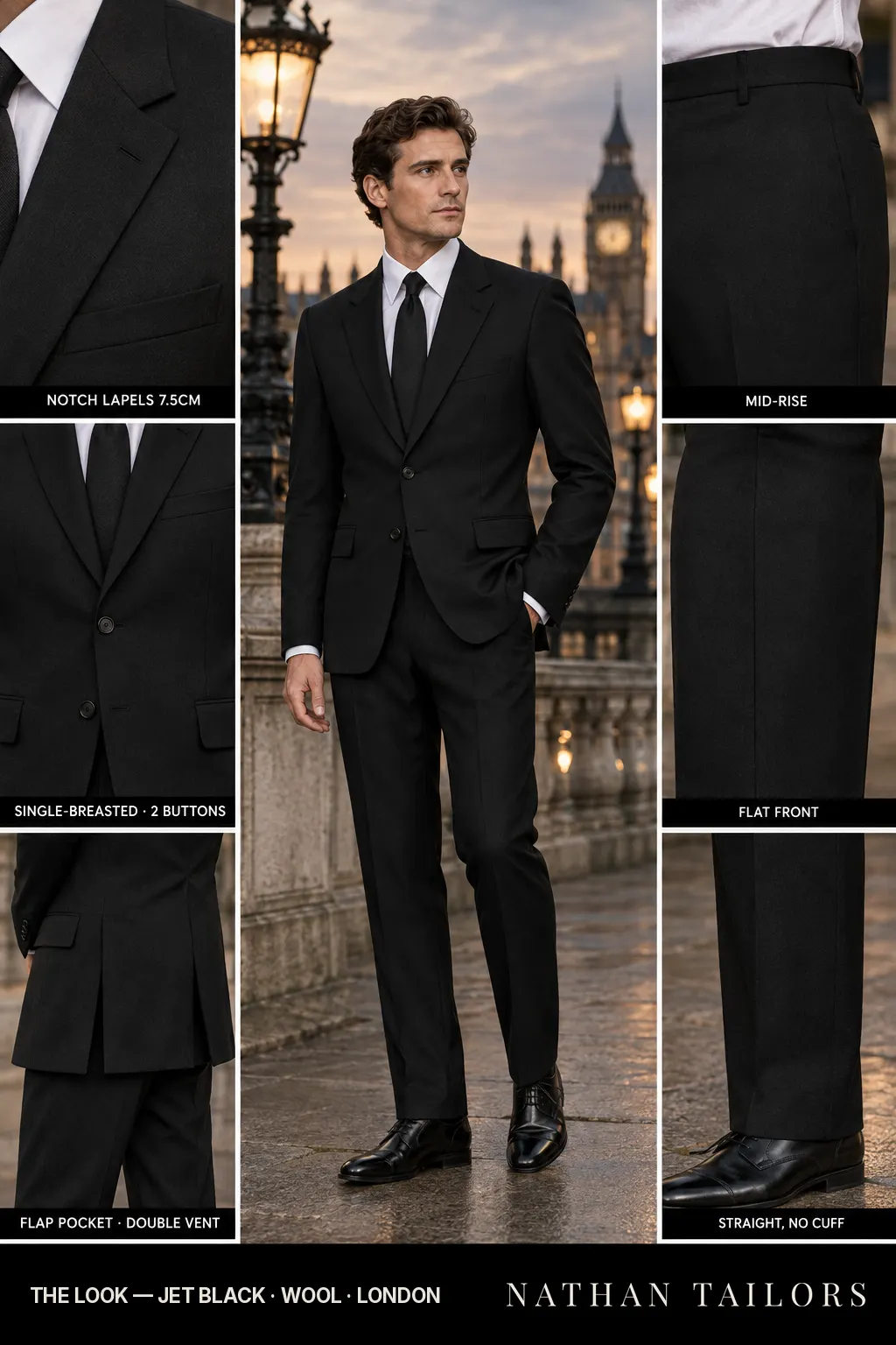 jet black single-breasted notch-lapel bespoke suit โ AI-rendered by Nathan Tailors, the Hoi An custom tailor. Available as a custom tailored suit from $149.