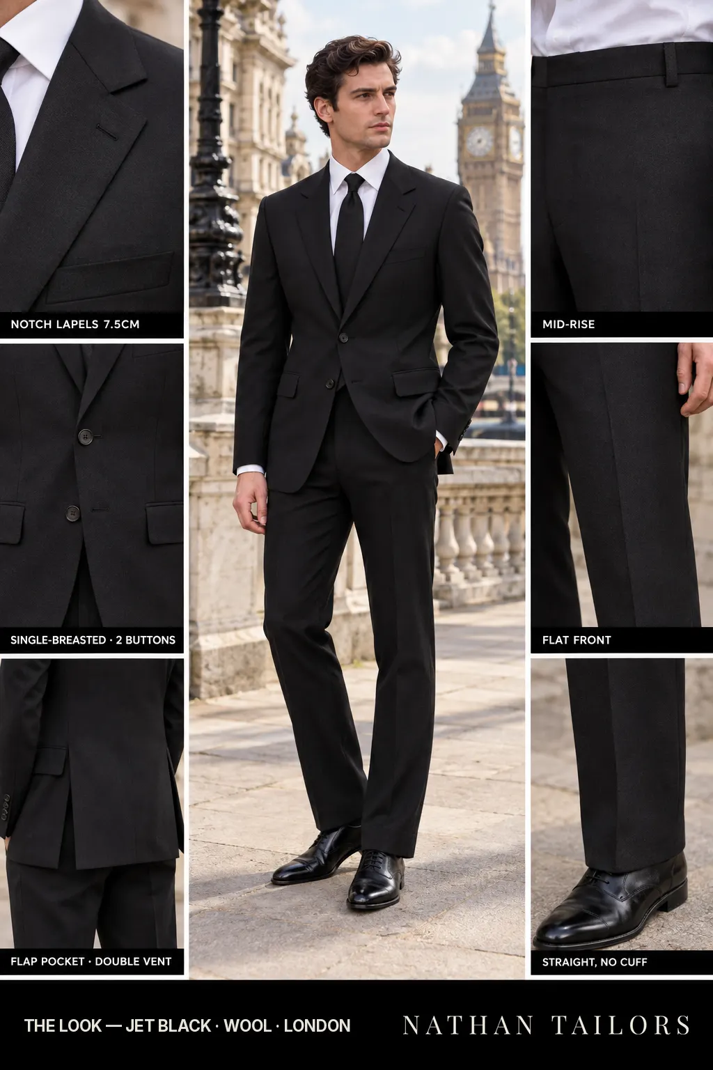 jet black single-breasted notch-lapel bespoke suit — AI-rendered by Nathan Tailors, the Hoi An custom tailor. Available as a custom tailored suit from $149.