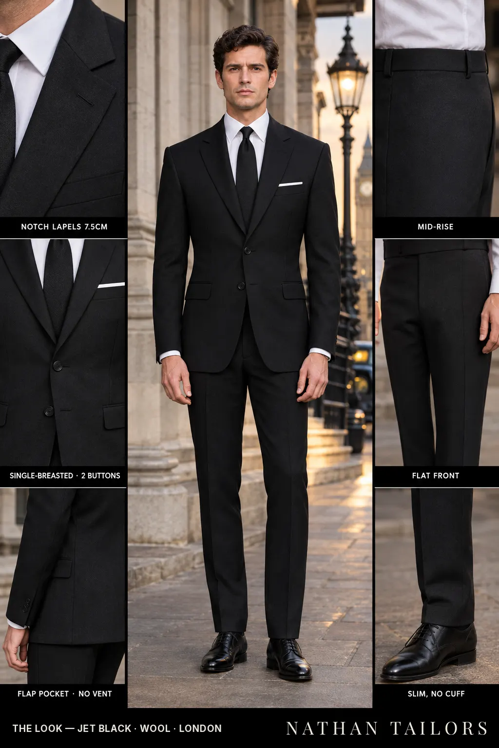 jet black single-breasted bespoke suit โ custom tailored by Nathan Tailors, the Hoi An custom tailor