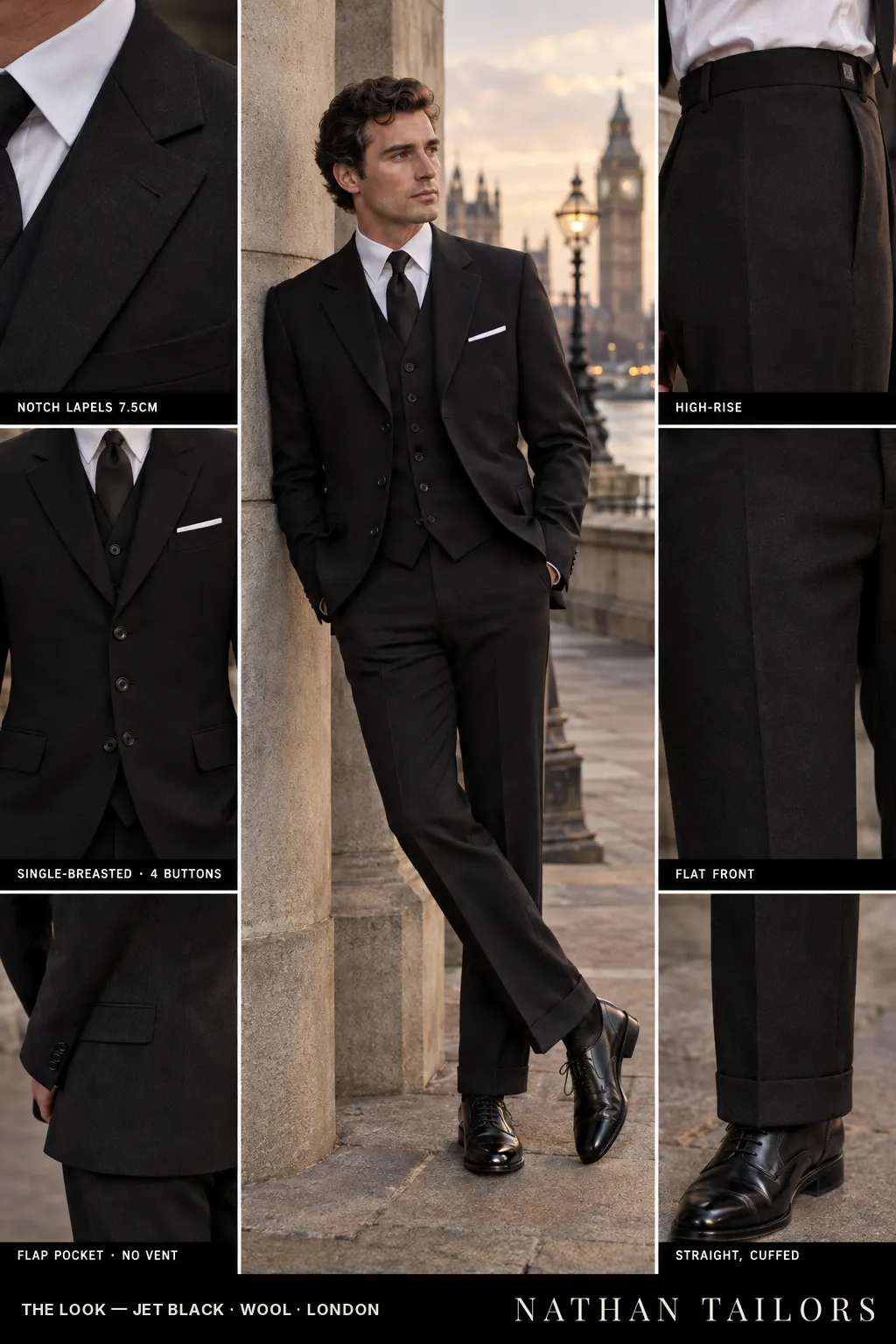 jet black single-breasted bespoke suit — custom tailored by Nathan Tailors, the Hoi An custom tailor