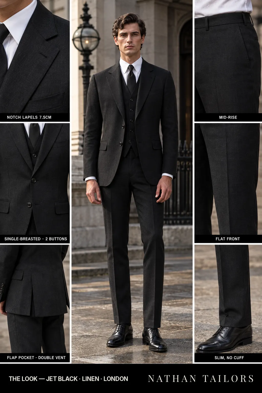 jet black single-breasted bespoke suit โ custom tailored by Nathan Tailors, the Hoi An custom tailor