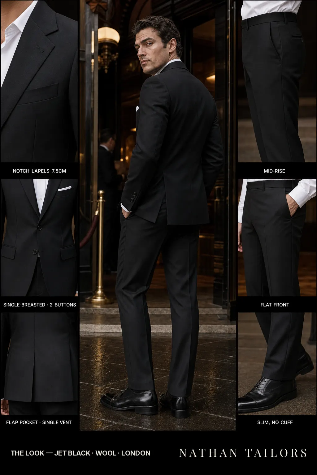 jet black single-breasted notch-lapel bespoke suit — AI-rendered by Nathan Tailors, the Hoi An custom tailor. Available as a custom tailored suit from $149.