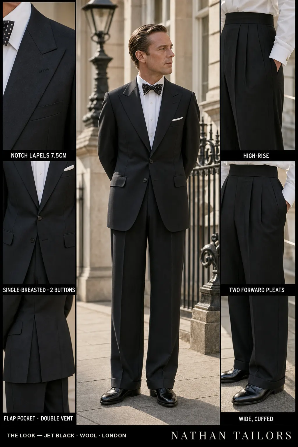 jet black single-breasted notch-lapel bespoke suit โ AI-rendered by Nathan Tailors, the Hoi An custom tailor. Available as a custom tailored suit from $149.