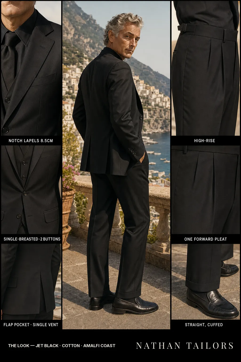 jet black single-breasted bespoke suit — custom tailored by Nathan Tailors, the Hoi An custom tailor