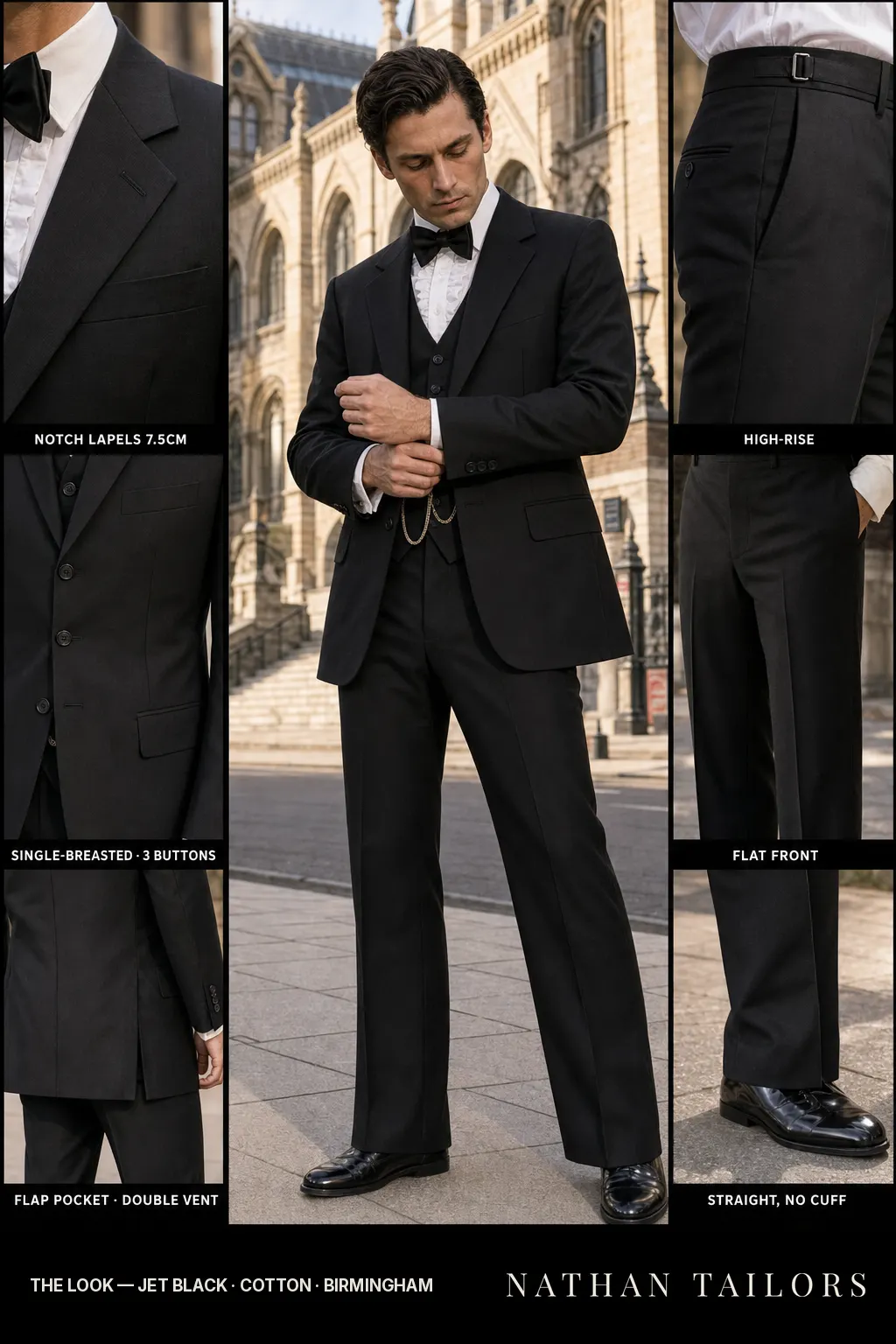 jet black single-breasted notch-lapel bespoke suit โ AI-rendered by Nathan Tailors, the Hoi An custom tailor. Available as a custom tailored suit from $149.