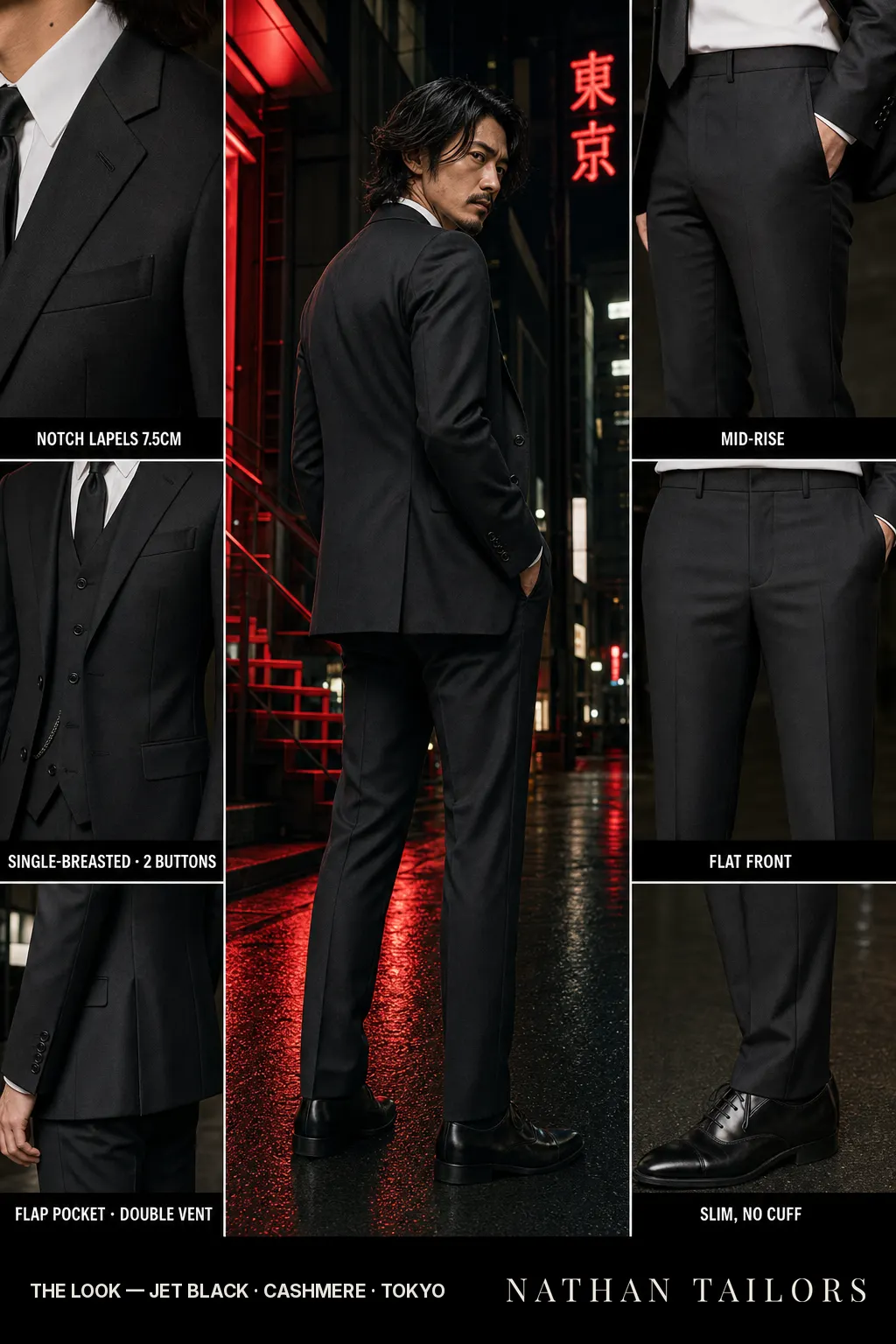 jet black single-breasted notch-lapel bespoke suit — AI-rendered by Nathan Tailors, the Hoi An custom tailor. Available as a custom tailored suit from $149.
