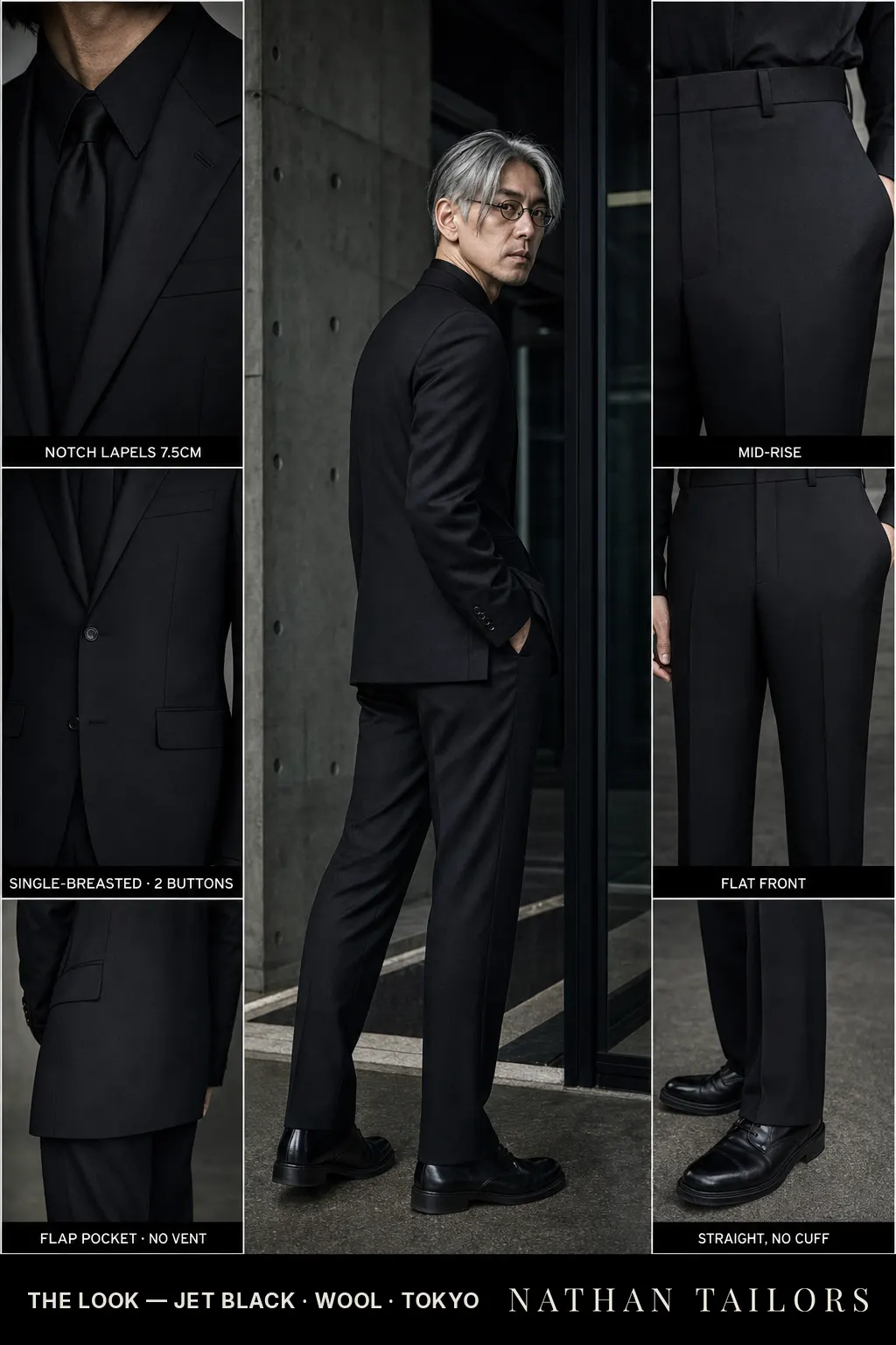 jet black single-breasted notch-lapel bespoke suit — AI-rendered by Nathan Tailors, the Hoi An custom tailor. Available as a custom tailored suit from $149.