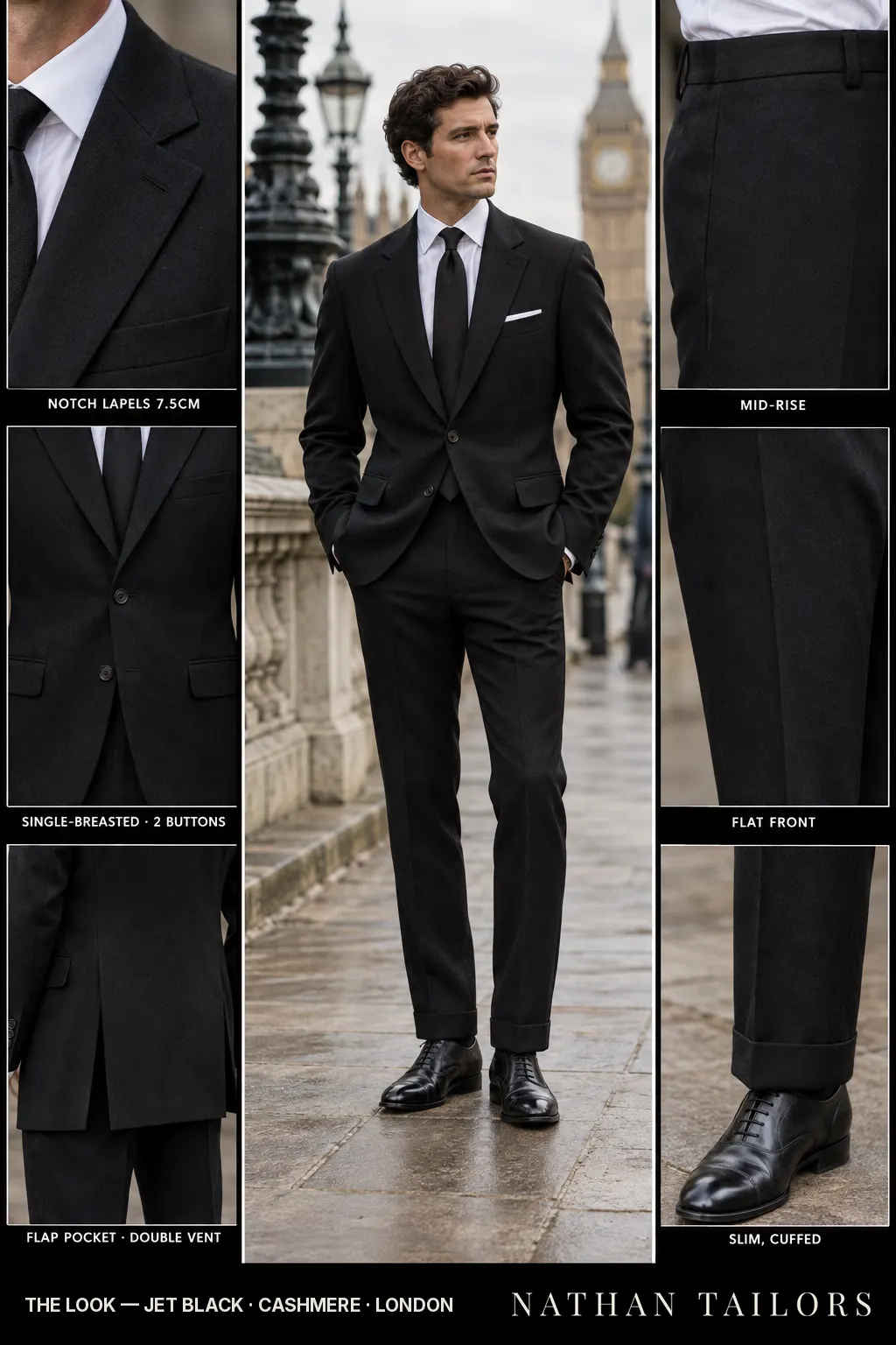 jet black single-breasted bespoke suit — custom tailored by Nathan Tailors, the Hoi An custom tailor