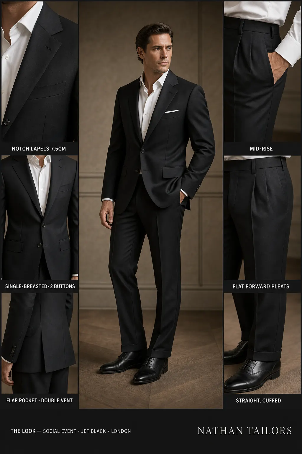 jet black single-breasted notch-lapel bespoke suit โ AI-rendered by Nathan Tailors, the Hoi An custom tailor. Available as a custom tailored suit from $149.