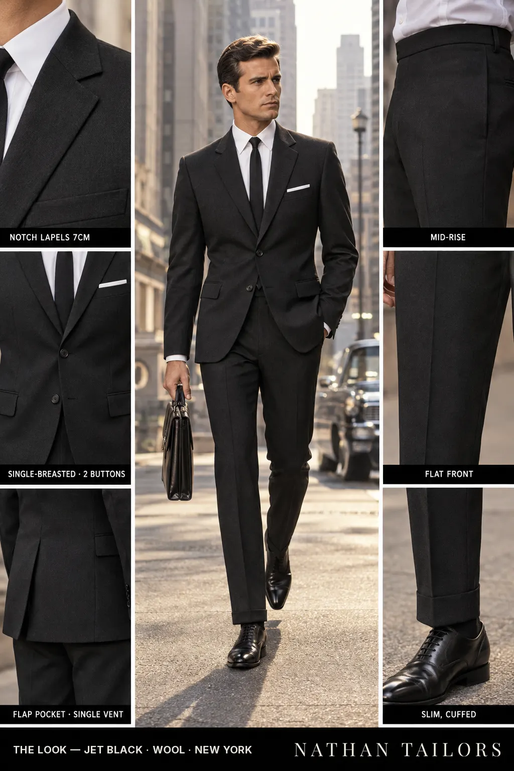 jet black single-breasted bespoke suit — custom tailored by Nathan Tailors, the Hoi An custom tailor