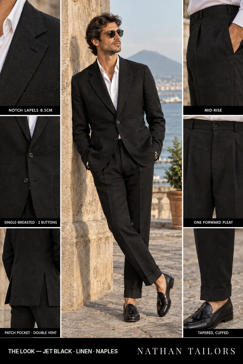 jet black single-breasted bespoke suit โ custom tailored by Nathan Tailors, the Hoi An custom tailor