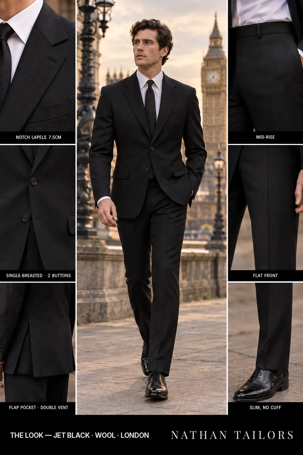 jet black single-breasted notch-lapel bespoke suit — AI-rendered by Nathan Tailors, the Hoi An custom tailor. Available as a custom tailored suit from $149.