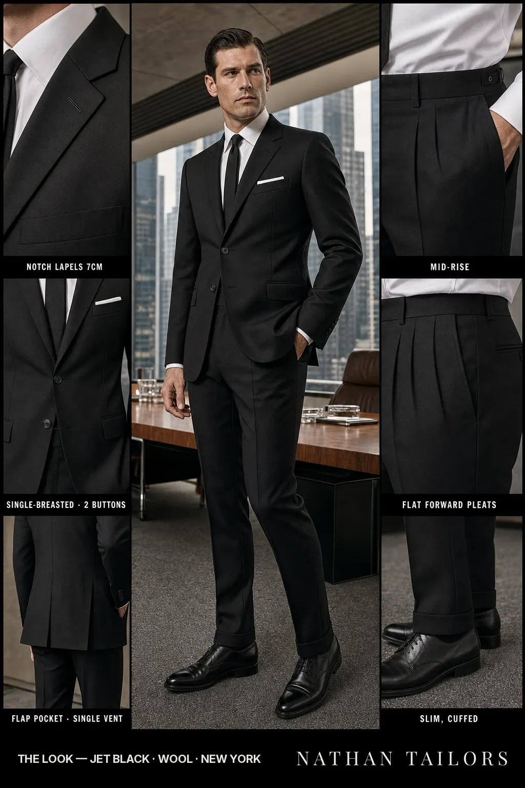jet black single-breasted notch-lapel bespoke suit — AI-rendered by Nathan Tailors, the Hoi An custom tailor. Available as a custom tailored suit from $149.